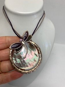 Sterling Silver Abalone &amp Purple Gemstone Round Pendant Necklace wDragonfly
