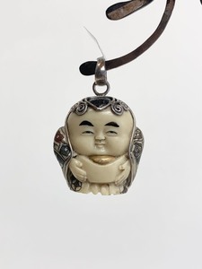 Sterling Silver &amp Carved Bone or Resin Japanese Netsuke Pendant