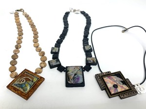 Lot of 3 Carved Stone &amp Other Mixed Material Modernist Pendant Necklaces by Jan Geisen