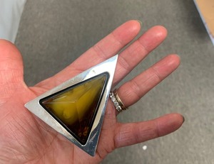 Large Sterling Silver &amp Amber Triangular Modernist Brooch
