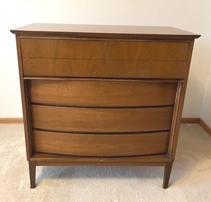 lot 1 image: Vintage MCM Dixie Walnut Highboy Dresser (38 W x 19 D x 40 T) in Good Overall Condition - BRING HELP TO REMOVE