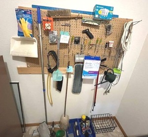lot 24 image: ToolsHousehold Items Lot with Peg Board - BRING HELP TO REMOVE.  4 PM DEADLINE FOR REMOVAL
