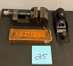 lot 25 image: Vintage Tool Lot - American Double Grit Sharpening StoneFulton Wood PlaneCraftsman Clamp (NO ONSITE PAYMENTS)