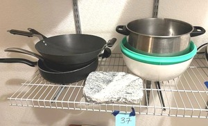 lot 37 image: Shelf Contents with a few Woks - BRING HELP TO REMOVE (NO ON-SITE PAYMENTS)