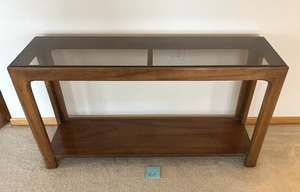 lot 62 image: MCM Console Sofa Table with Glass Top (47 W x 13 D x 26 Tall) - BRING HELP TO REMOVE.  NO ONSITE PAYMENTS
