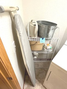 lot 64 image: Laundry Room Utility Rack (39.5 Tall x 24 W x 11.5 D) with Contents - BRING HELP TO REMOVE