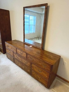 lot 94 image: Vintage Henredon Artefacts Collection Campaign Style Dresser w Mirror (78 W x 19 D x 29.5 T) - BRING HELP & EQUIPMENT TO REMOVE