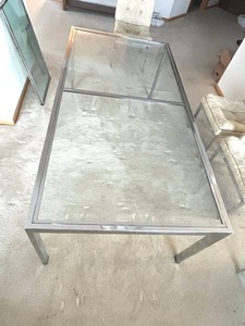 lot 227 image: MCM Glass Dining Room Table w Chrome Frame and Leaves - VERY HEAVY BRING HELP AND TOOLS TO REMOVE (NO ONSITE PAYMENTS)