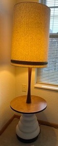 lot 276 image: MCM White Ceramic and Wood Floor Lamp (60 T with 18 Diameter Wood Top) - BRING HELP TO REMOVE.  PAY ONLINE BEFORE PICKUP