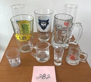 lot 282 image: Nice Whiskey and Beer Drinking Glasses - Jack DanielsCardinal BrandLakefront Brewery