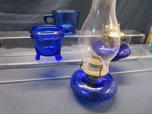 lot 54 image: Cobalt Measuring Cup, Vessel, Lamps