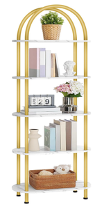 lot 124 image: HOOBRO 5 Tier Open Bookshelf, Modern Arched Bookcase Display Shelf Racks, White Marble & Gold