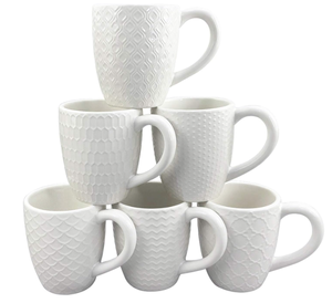 lot 152 image: Schliersee 12 OZ White Ceramic Coffee Mugs set of 6, Stylish Embossed Coffee Cups