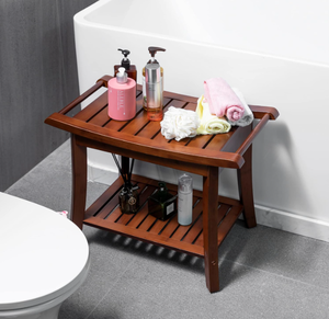 lot 228 image: Forevich Bamboo Shower Bench Stool with Storage Shelf Waterproof Shower Chair