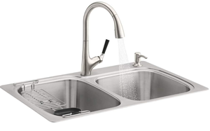 lot 2 image: Kohler R75791-2PC-NA All-in- One Dual-Mount Double Bowl Kitchen Sink Kit with Faucet and Accessories, Brushed Stainless