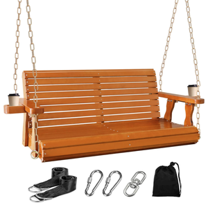lot 77 image: 4FT Wooden Porch Swing wCupholders,Heavy Duty 800LBS Outdoor Swing Bench wChains