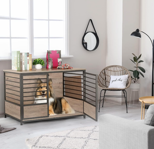lot 80 image: Dog Crate Furniture, Melos Wooden Heavy Duty Dog Cage Side End Table, Indoor Dog Kennel