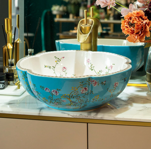 lot 85 image: Vessel Sink Blue Color Flower and Bird Design Jingdezhen Flower Shape Ceramic Countertop Art Wash Basin for Bathroom