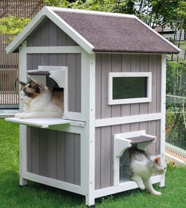 lot 98 image: Rockever Outdoor Cat House, 2 Story Outdoor Houses for Feral Cats Wooden Outside Cat Shelter Weatherproof with Escape Door