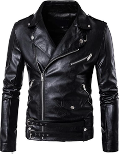 lot 452 image: AOWOFS Mens Motorcycle Faux Leather Jacket SIZE MEDIUM Zip Slim Fit Double Belt Punk Biker Jacket