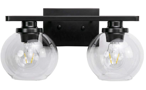 lot 382 image: VALDIVIAN Homenovo Lighting 2-Light Vanity Light with Clear Glass Globe Shades, Matte Black