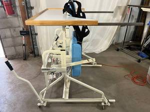 lot 1 image: MSRP $9000 Midland 554512E Electric Hi-Lo Patient Lift Bariatric Stand-In Assist Table With Remote & Harness - Would Make A Good Gate Trainer Or HighLow Work Table - In Great Working Condition  Missing Back Support Piece
