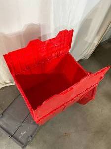lot 9 image: Lot of 3 Stackable Plastic Storage Container Bins with Hinged Lids - In Good Condition