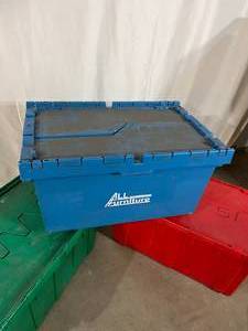 lot 10 image: Lot of 3 All Furniture Stackable Plastic Storage Container Bins with Hinged Lids - In Good Condition