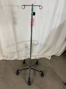 lot 12 image: Brewer 2-Ram Height Adjustable I.V. Pole and Stainless Steel Round Hoop Mobile Laundry Hamper - Both In Great Condition