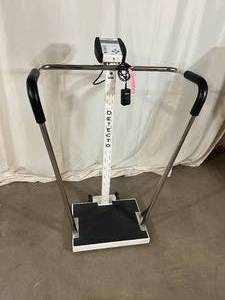 lot 13 image: MSRP $2500 Medical Clinic Detecto 400 lb. Cap. Bariactric Scale Digital Display & BMI Readout With Handrails & RARE&nbspAC Adapter Power Cord- Great For Patients Who Are A Little Unsteady On Their Feet Rolls Room To Room Good Working Condition