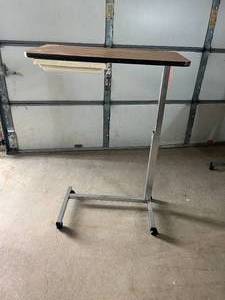 lot 18 image: Lot of 2&nbspHeight Adjustable & Mobile Wood Grain Overbed Table TV Tray Workstation with Compact Medicine Item Drawer - Both Need To Be Oiled To Go Up Down Smoother Otherwise Great Condition