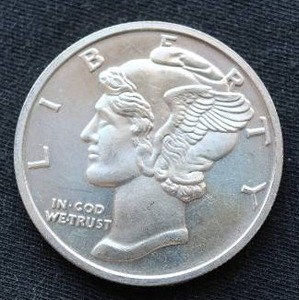 lot 13 image: Mercury Dime 1 Oz. Silver Round
