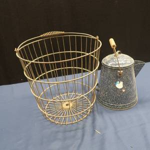 lot 76 image: KETTLE AND FIREPLACE LOG BASKET WITH HANDLE