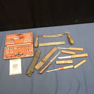 lot 83 image: TAP AND THREADING SET, BARK STRIPPER, VARIETY OF KNIFES