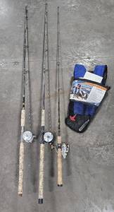 lot 2 image: 2 ABV Garcia Reels w Rods, 1 Pflueger Trion GX-7 Spinning Reel, 1 Inflatable Life Jacket