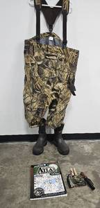 lot 9 image: Rocky Waders Size 10 H.S. Strut Friction Call, Bird Call & MN Outdoor Atlas