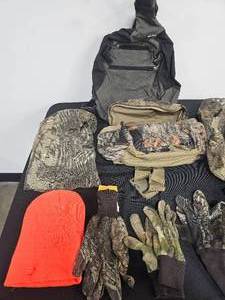 lot 12 image: Backpack, Camouflage Waist Pack, Mask, Bag & Gloves, Orange Knit Hat