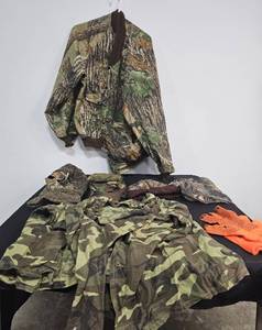 lot 14 image: Camo Jacket, Button Up Shirt, Hats, Masks and Orange Gloves