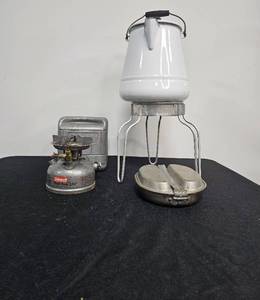 lot 16 image: Coleman Single Burner Stove, Metal Meal Kit & Metal Coffee Pot (untested)