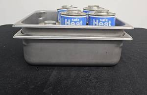 lot 18 image: Safe Heat Chafing Dish Fuel 10 Cans and 2 Deep Stainless Steel Serving Pans