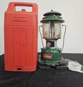 lot 20 image: Coleman 220J Green Lamp with Red Case