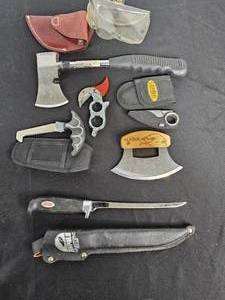 lot 27 image: Hatchet and Various Camping and Fishing Knives and Covers