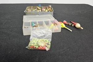 lot 29 image: Various Fishing Lures and Bobbers in Tackle Box Organizers and Plastic Bag