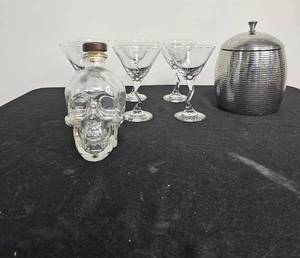 lot 55 image: Set of 6 Martini Z-Stem Glasses, Skull Bottle and Stainless Steel Ice Bucket
