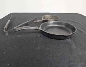 lot 58 image: Cast Iron Skillets and Tongs