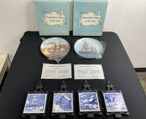 lot 69 image: Two Collector Plates - Legendary Ships of the Seas w Certificates of Authenticity and 4 Currier & Ives Trivets