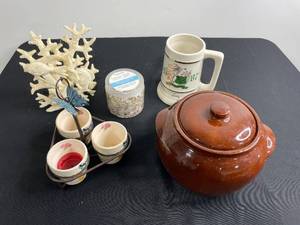 lot 80 image: Various Home Decor Items - Coral, Shells, Stoneware wlid, Beer Stein