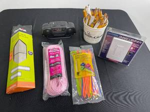 lot 81 image: Carpentry Pencils, Zip Ties, Braided Polyester Rope, Lutron Smart Dimmer Switch, Stainless Heat Tent, Small Stereo (untested)