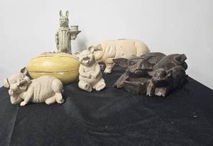 lot 90 image: Cast Iron Pig Bank, Carved Wood Pig Ashtray and Other Pig Figurines