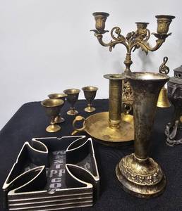 lot 93 image: Brass Candle Holders and Other Various Decor Items Inc VTG Metal Cross & Set of 4 Brass Cordial Cups
